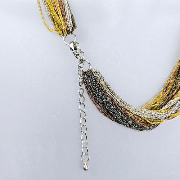 Statement Necklace Draping Multi Chain Chic Gold Silver Olive Copper Mixed Metal - Picture 7 of 8